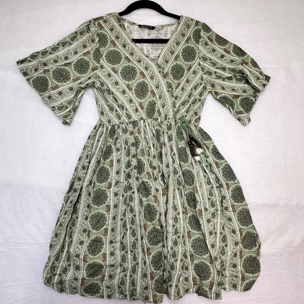 Zudio Green Floral Cotton‎ Wrap Mini Dress Boho V-Neck Butterfly Sleeve Small